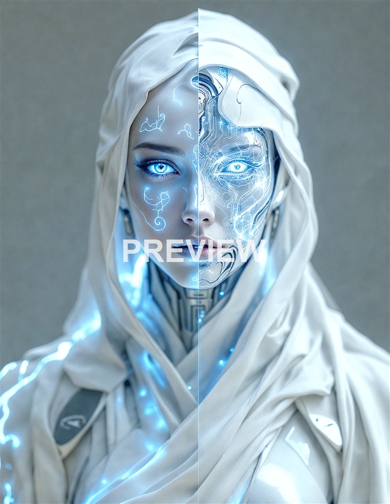 A futuristic female android with half of her face showing human features and the other half displaying intricate cybernetic implants and glowing circuitry.